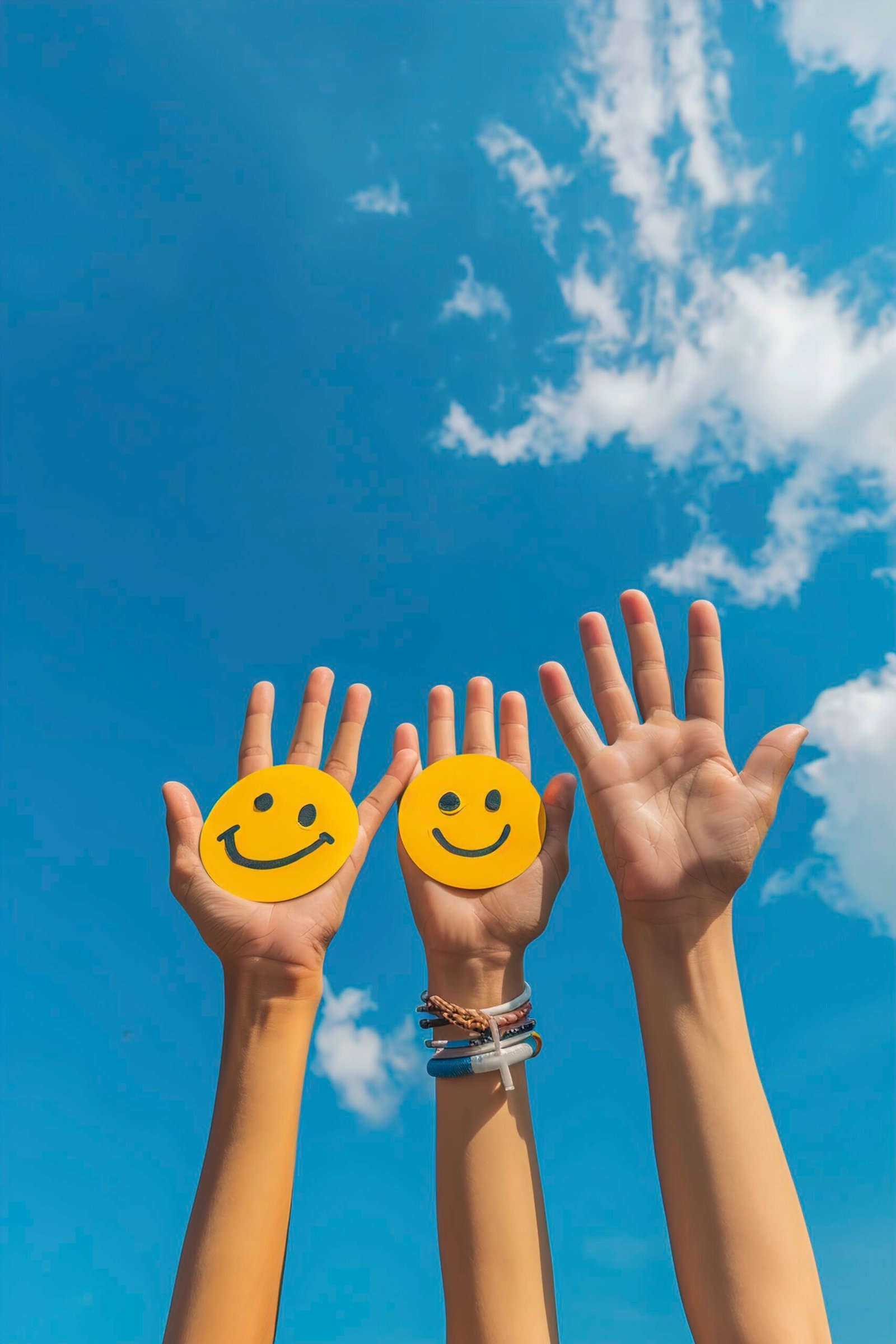 happy people with smiley on hands against blue summer